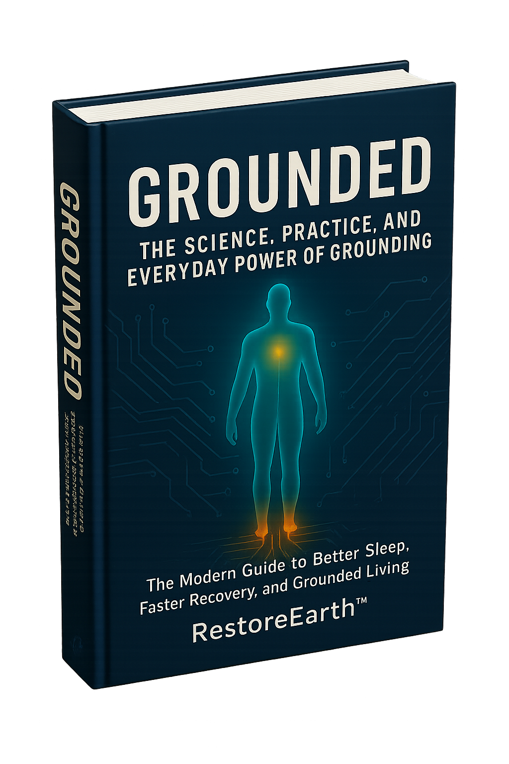 Cover of the guide Grounded: The Science, Practice, and Everyday Power of Grounding, showing a standing human figure outlined in light against a dark blue circuit-board background.