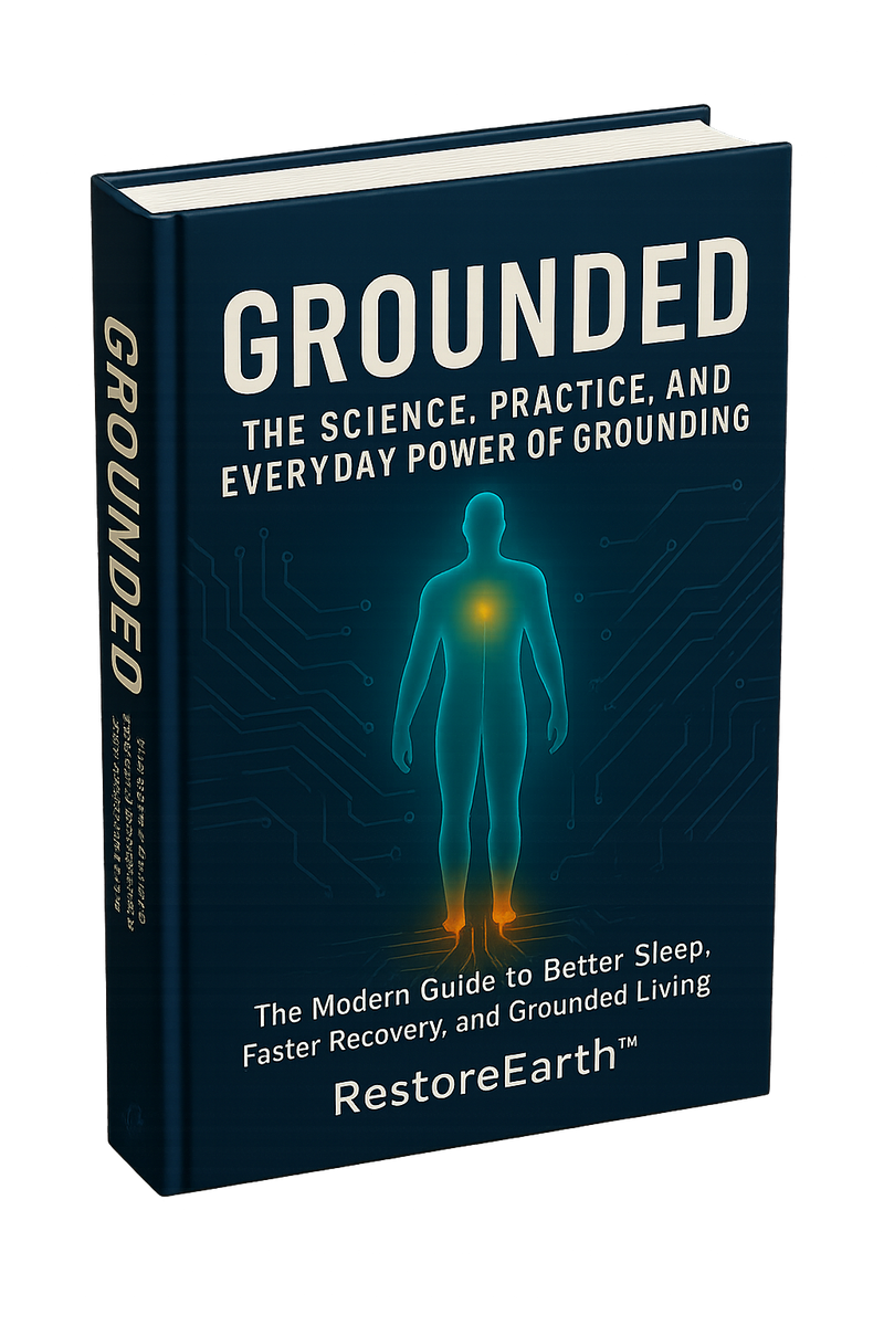 Cover of the guide Grounded: The Science, Practice, and Everyday Power of Grounding, showing a standing human figure outlined in light against a dark blue circuit-board background.